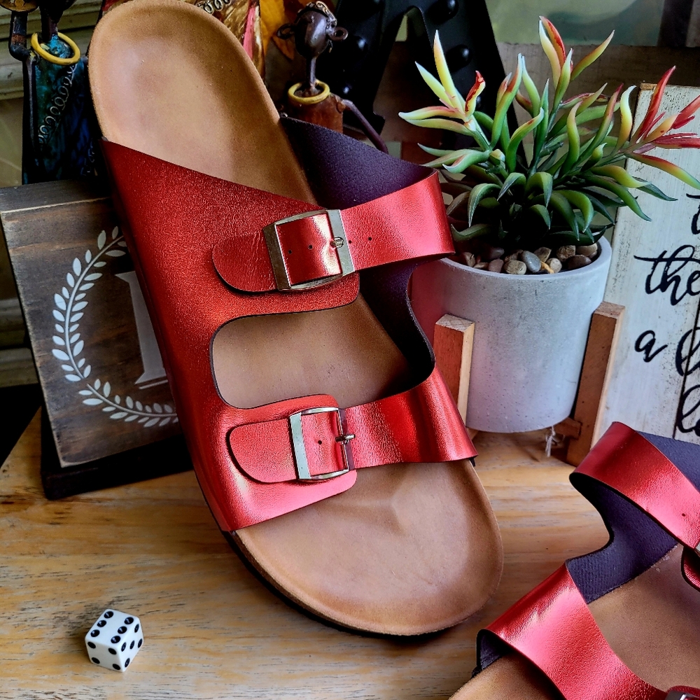 Metallic Red Two Band Sandals - Picture 9 of 9